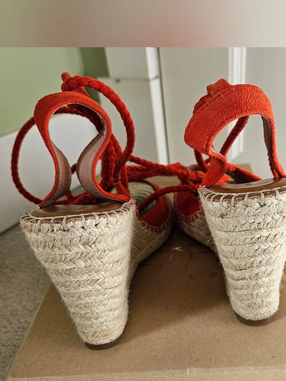 Joie Sunset/Orange Suede Lace-Up Espadrille Wedge Sandals